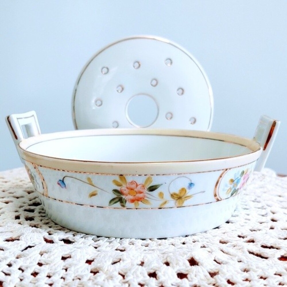 Vintage Hand Painted Nippon Japan Trinket Butter Dish Insert Floral W/Gold Trim